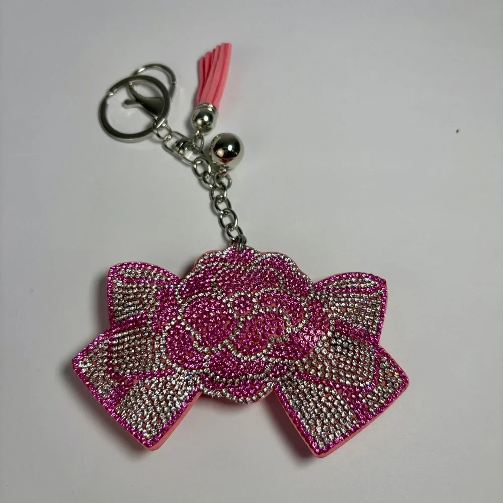 Sparkly Keychain Pink Rhinestone Bow Tassel Bell Bag Charm Coquette‎ Y2K Purse